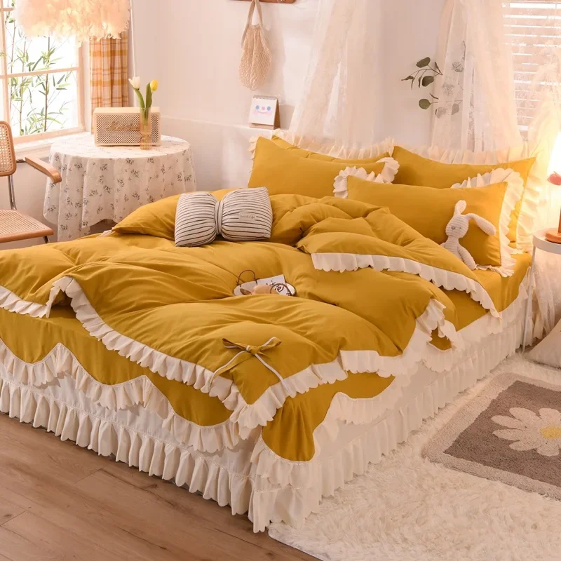 

Korean lace bed skirt four piece set made of all cotton, pure cotton, light luxury duvet cover, naked sleeping duvet cover, bed