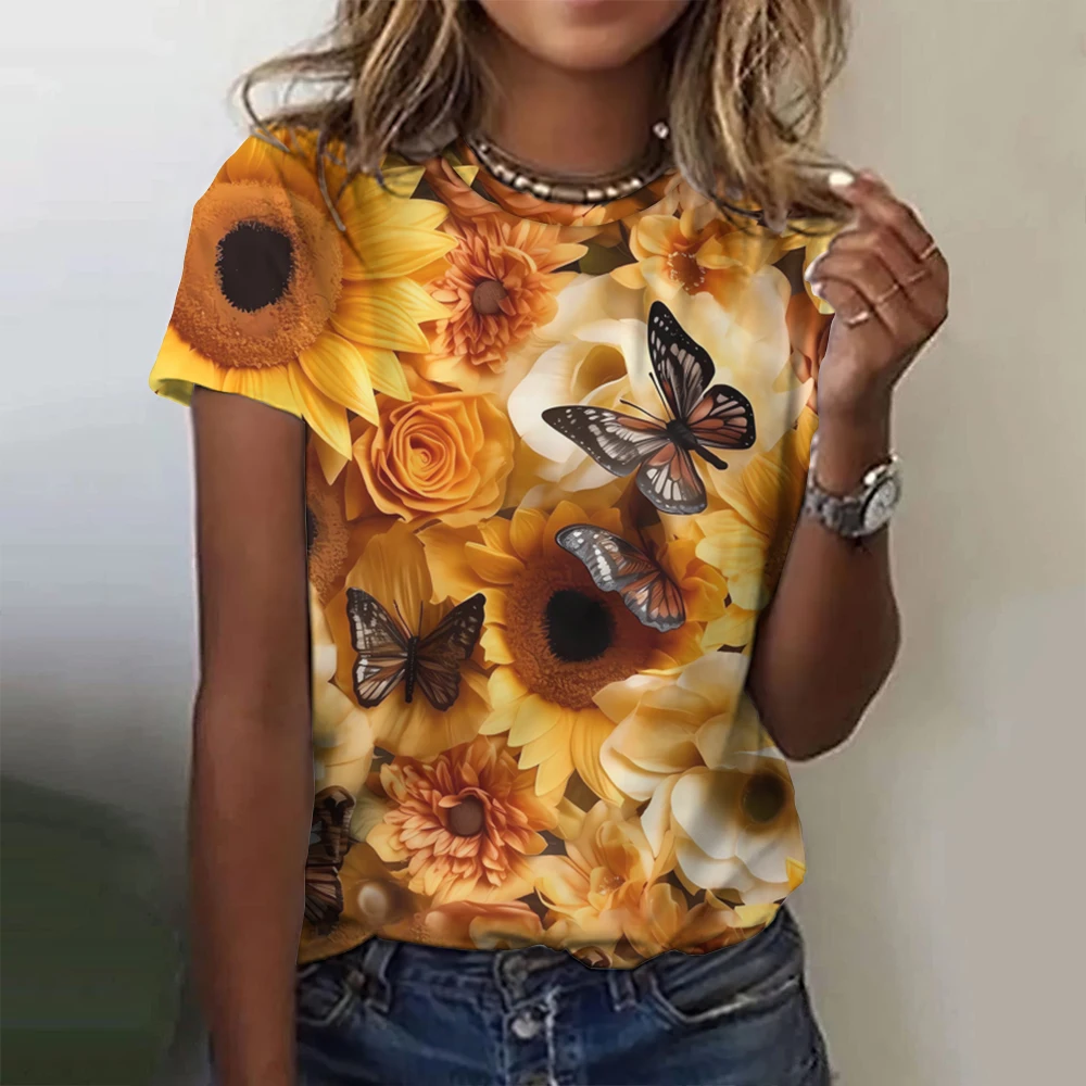 2024 Fashion Woman T Shirt 3d Butterfly Print Crew Neck Short Sleeve Tee Luxury Female T-Shirts Oversized Y2k Clothing For Girls