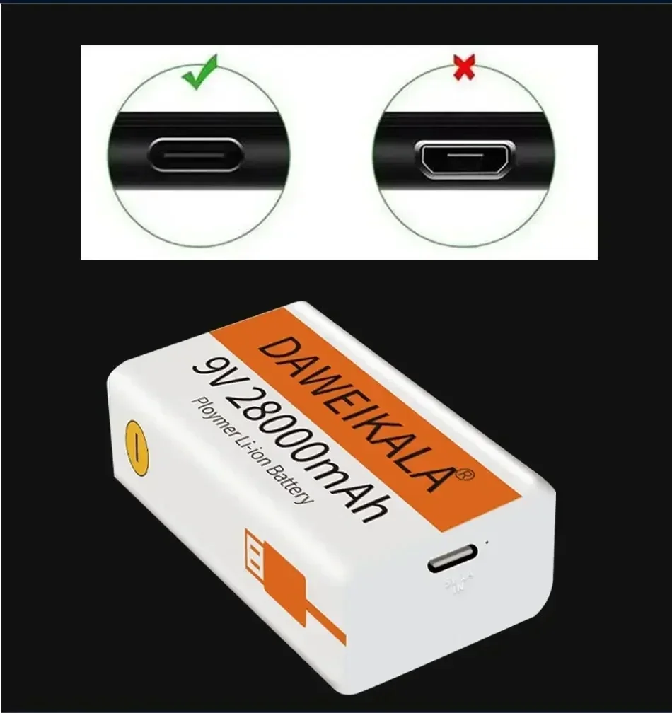 2025 9V battery 28000mAh li-ion Rechargeable battery Type-C Battery 9v for Multimeter Microphone Toy Remote Control KTV use