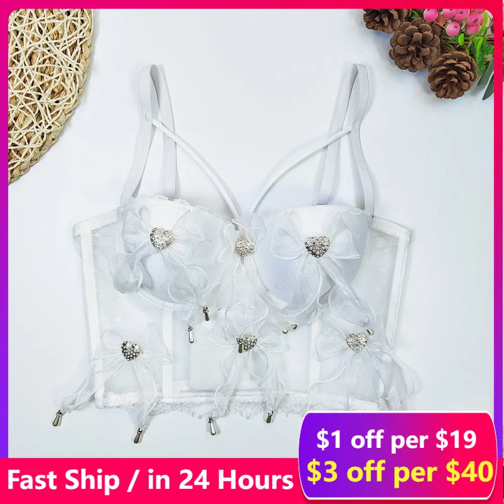 

Crop Top Push Up Bow Lace Fishbone Mesh Tank Top Women Sexy Backless Tops With Rims Hollow Out Corset Fashion Sleeveless Camis