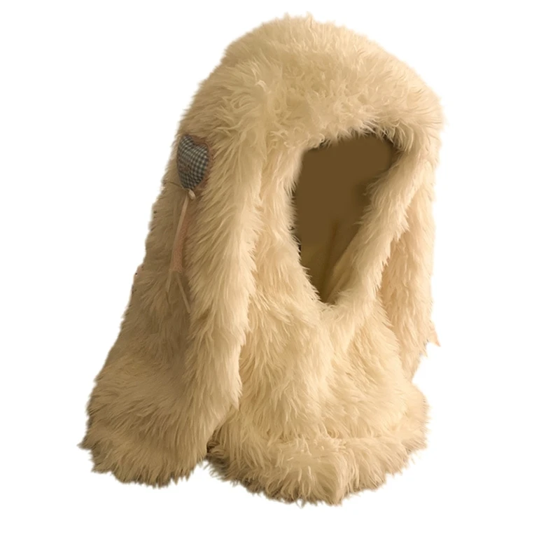 Plush Balaclava Caps Thicken Liner Hooded Scarf Hat with Rabbits Ear for Skiing