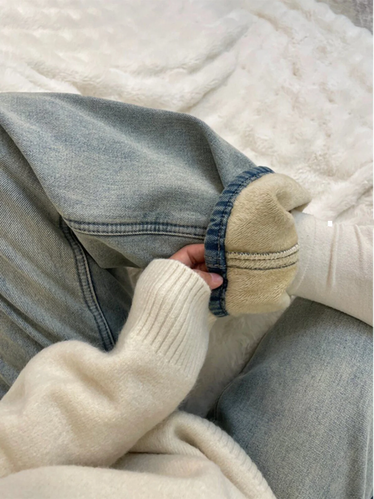 

plus Size Fleece Lined High Waist Wide Leg Jeans Women's Straight Narrow Version Loose Fit Floor Length Pants Casual Style