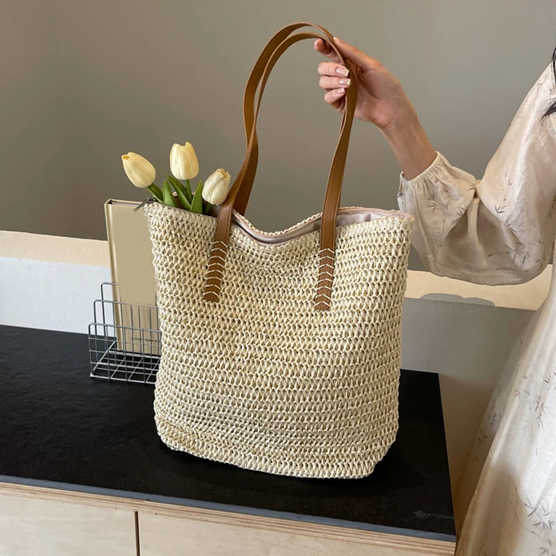 

Women Top-Handle Bags Straw Summer Beach Straw Bucket Bag Woven Tote Purse Casual Travel Handbags