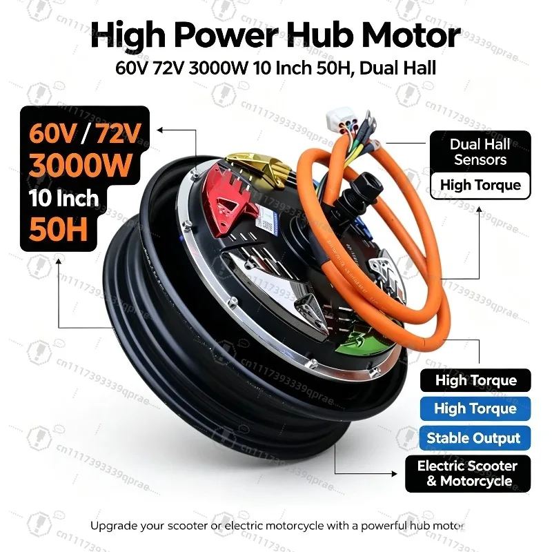 10-Zoll BLDC-Nabenmotor 60V 72V 3000W 50H Dual-Hall-Sensor für Elektroroller Motorrad Umbau Ersatzteile
