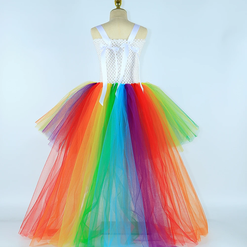 Rainbow Flowers Long Tutu Dress for Girls High Low Costume with Trail for Kids Halloween Birthday Outfit Girl Trailing Ball Gown