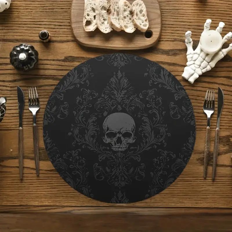 VIKAMA Retro Dark Pattern Placemat - Baroque Skull Heat Resistant Fabric Mat, Gothic Halloween Table Decoration