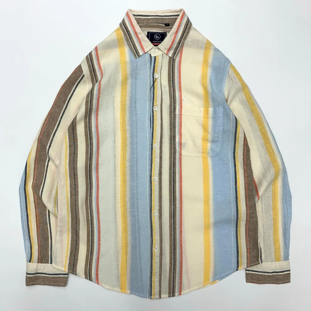 A men's loose and casual Japanese retro long-sleeved shirt with colorful striped cotton and linen
