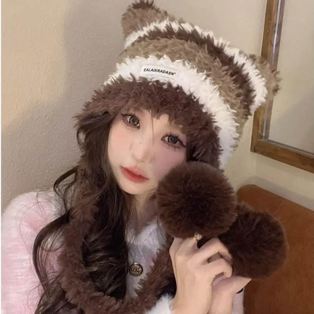 Cute Cat Ear Women Knitted Hat Thick Warm Contrast Stripe Winter Beanies Cap Windproof Ear Protection Pullover Hat