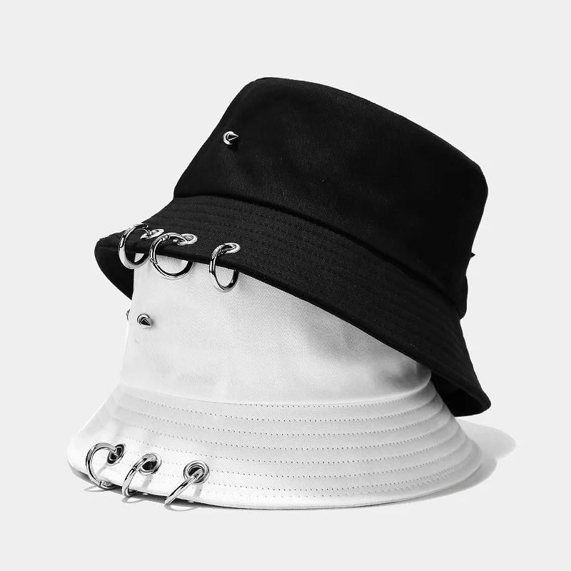 K Pop Harajuku Hip Hop Bucket Hat Punk Spiked Rivets Metal Rings Fisherman Cap Outdoor Streetwear Summer Panama Has