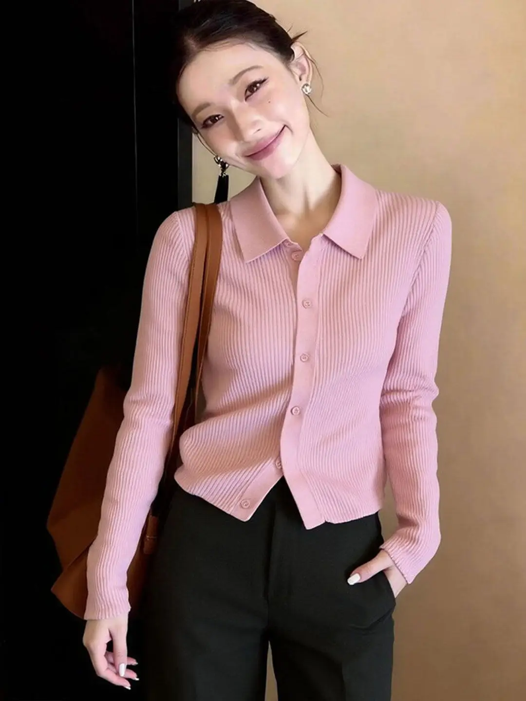 

Женский трикотажный топ Ele Pure Color с длинным рукавом, базовый слой, на одной пуговице, из шелковой смеси, модный, весенний сезон