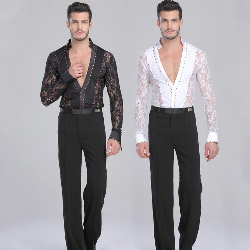 Men Latin Dance Lace black and white Garment Dance Waltz Ballroom Dance Garment Performance latin man shirts Garment Top