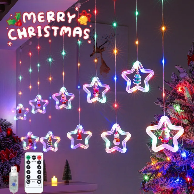 2025 Christmas LED String Lights Star Circle Garland Fairy Lamp USB 3M Curtain Lights Christmas Decor for Bedroom Window Balcony