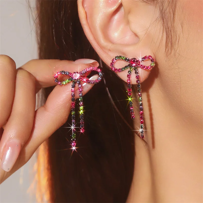 Elegante Strass-Schleifen-Quasten-Ohrringe für Frauen, lebendige, zarte, bunte Kristall-Quasten-Ohrringe, Party-Schmuckzubehör – Detail 10