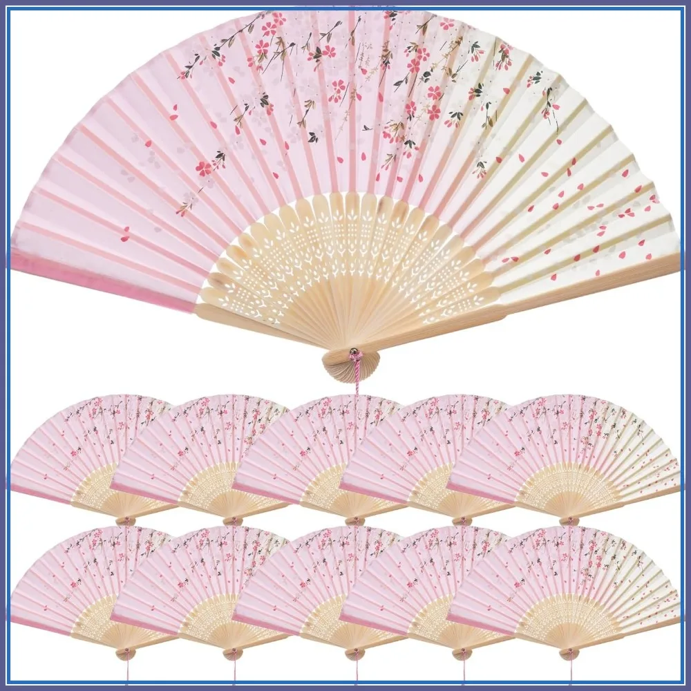 

10 Pieces Silk Folding Fans, Floral Handheld Fans for Dancing, Cosplay, Weddings & Parties - Pink Cherry Blossom