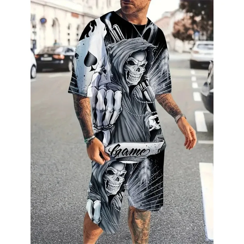 2025 Summer Men's Short sleeved Shorts Set Men's Skull Print Set Hot Vacation Casual T-shirt Outdoor Street Shorts 3D