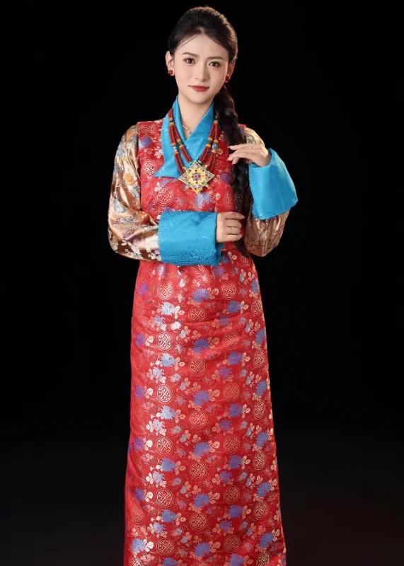 Chinese Xizang Red Bola Dress Women's Heavy Industry Ethnic Style Tibetan Dress