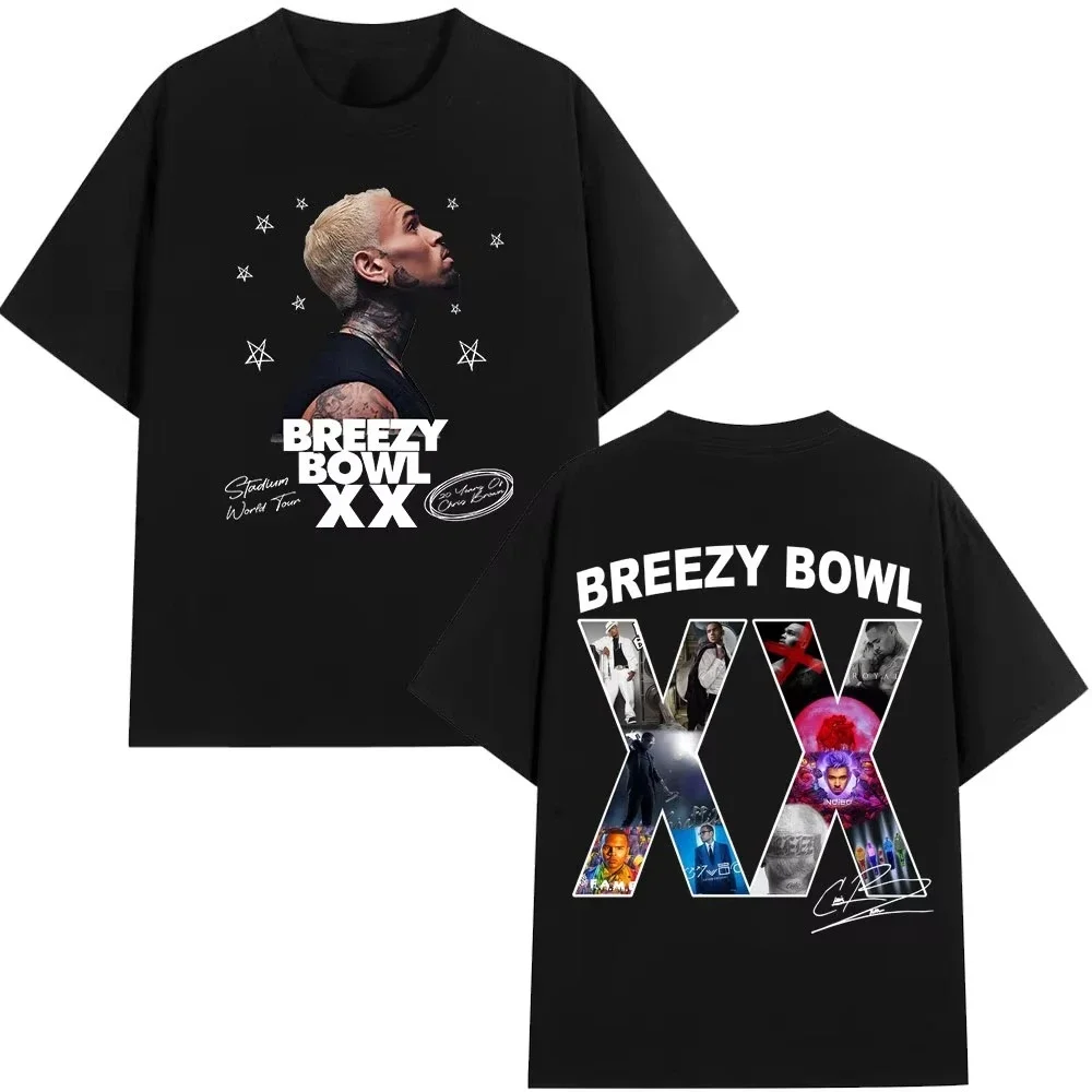 

Крис Браун Breezy Bowl XX 2025 Tour Concert Merch Футболка Мужская и женская модная футболка в стиле хип-хоп Хлопковые повседневные футболки большого размера