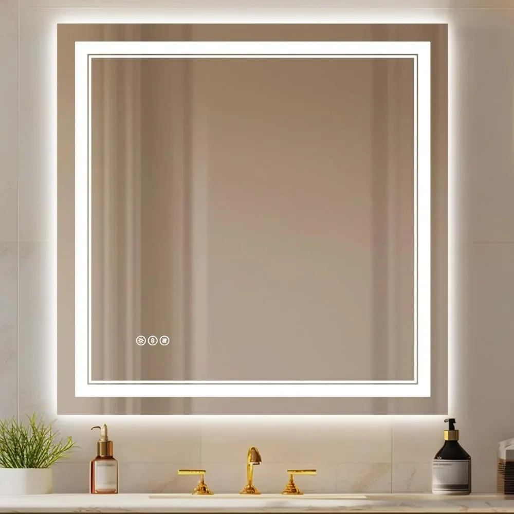 38x38 Inch Lighted Mirrors for Bathroom Wall, Anti-Fog, Dimmable, 3 Colors, CRI 90+, Tempered Glass, Memory Function, ETL