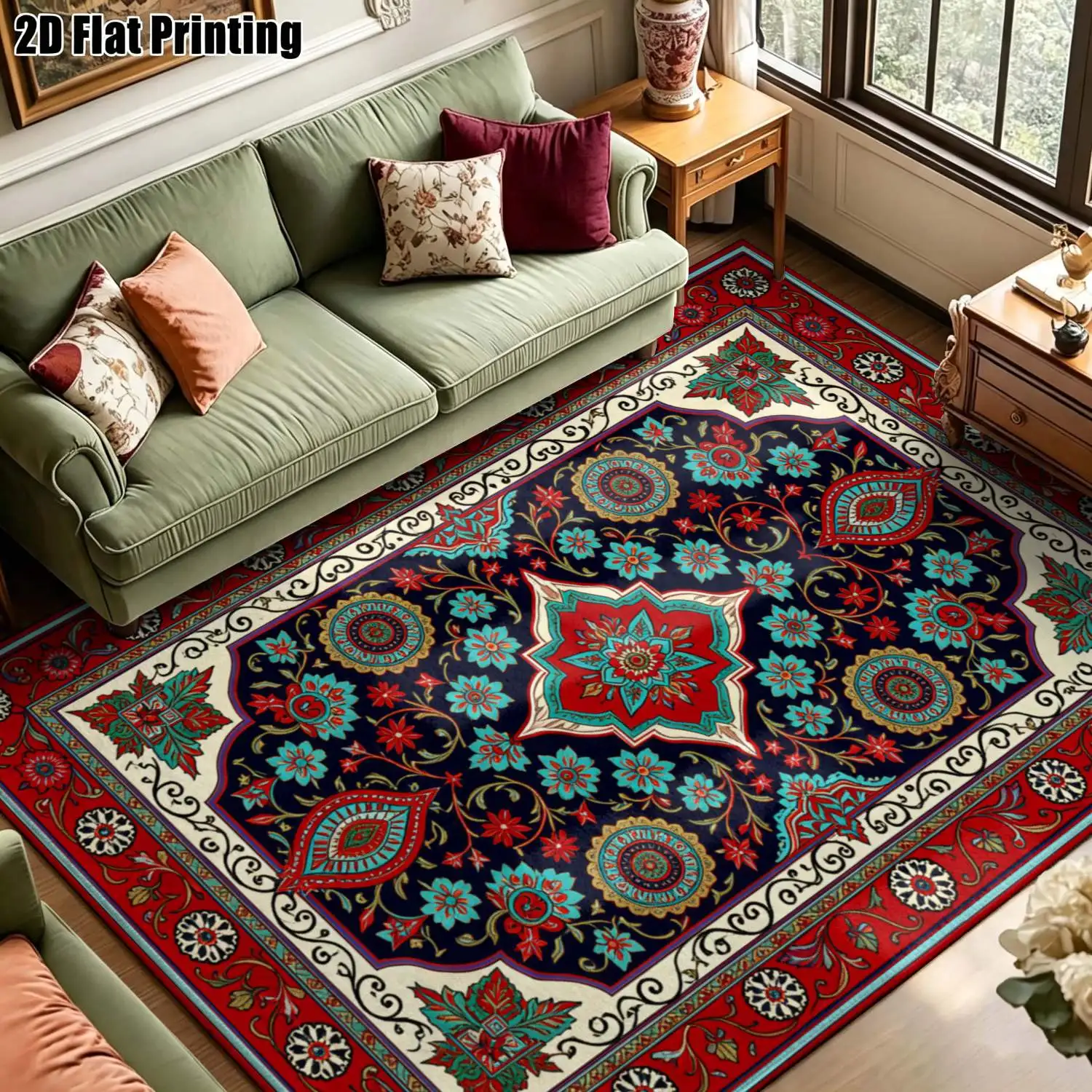 1Pc 2D Printed Retro Ethnic Pattern Carpet, Red&Blue, Bohemian/European Style, Home Decor, Multi-Size, Machine Washable, Multi-Scene Use
