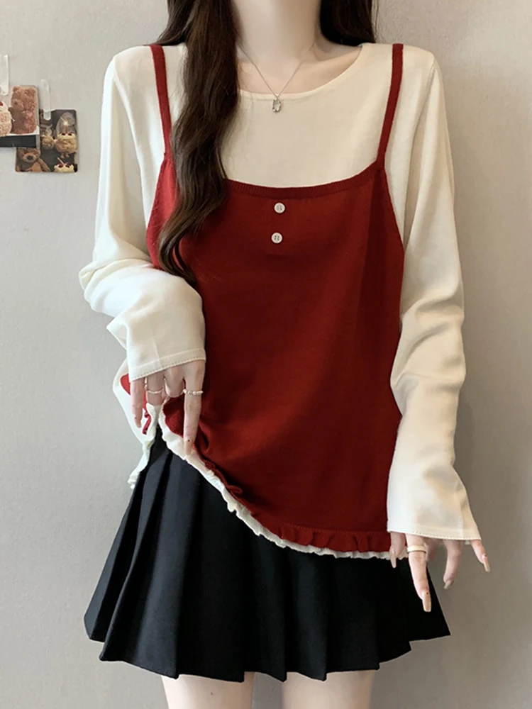 

Вязаный свитер с цветовыми блоками Design Sensation: женский зимний новый стиль, элегантный многослойный топ с длинным рукавом, повседневная модная вязаная одежда