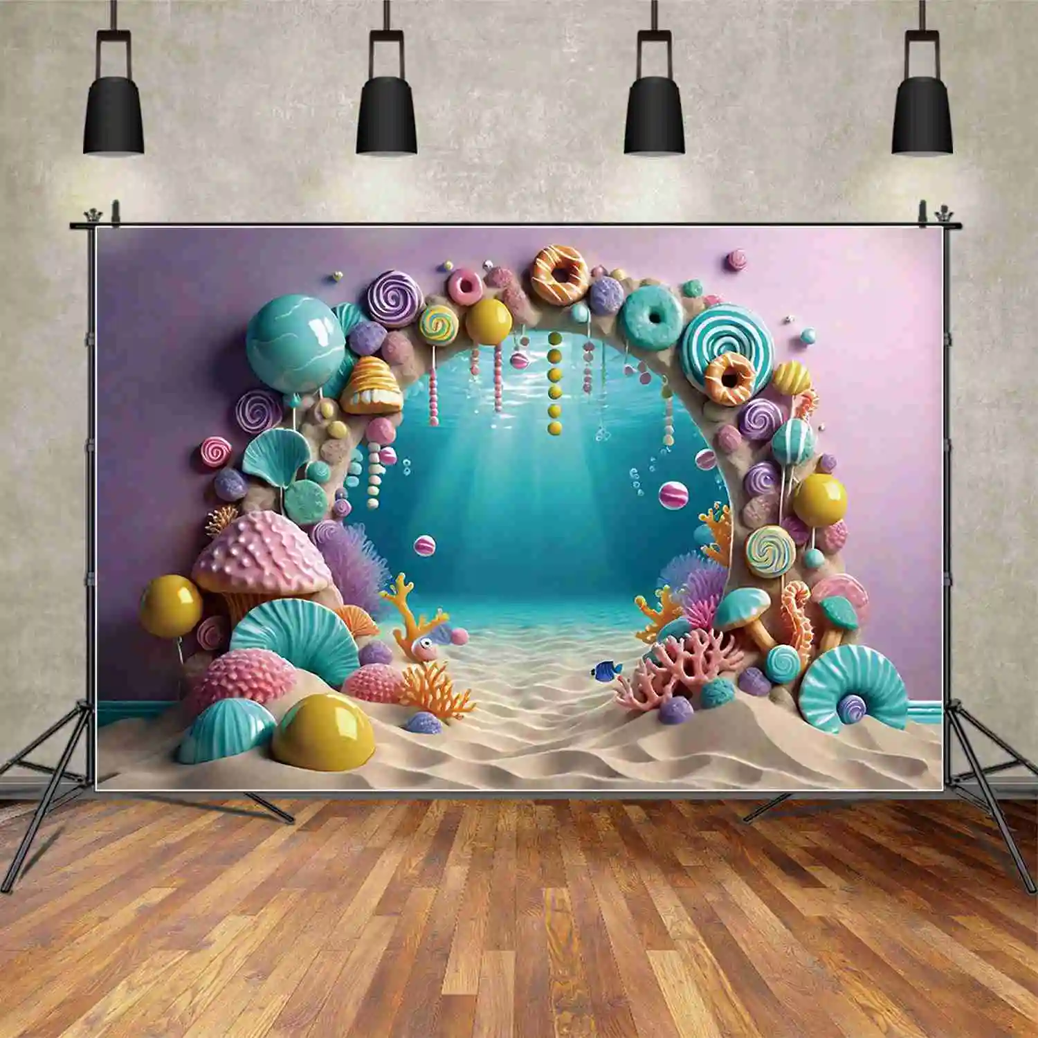 

MOON.QG Starfish Undersea One Birthday Background Girl Sweet Ocean Doughnut Backdrops Custom Party Decoration Photocall Props