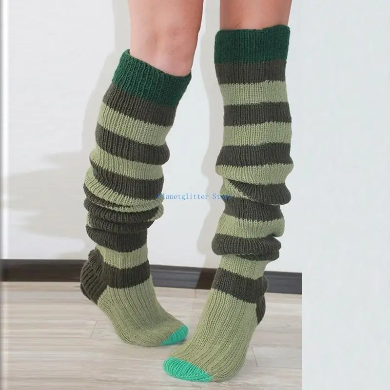 652B Autumn Slouch Crochet Knitting Thigh High Socks for Women Colorful Striped Over The Knee Long Stocking Leg Warmers