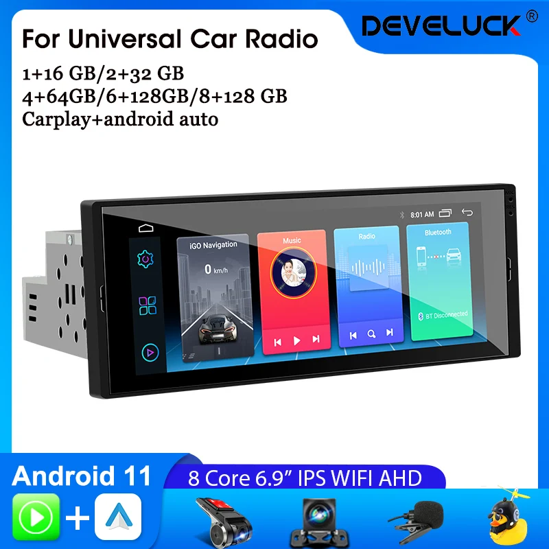 

Srnubi Android11 Universal 6.9" Radio Player Touch Screen 1 Din WiFi Carplay Car Stereo Video GPS Navigation IPS Screen DVD