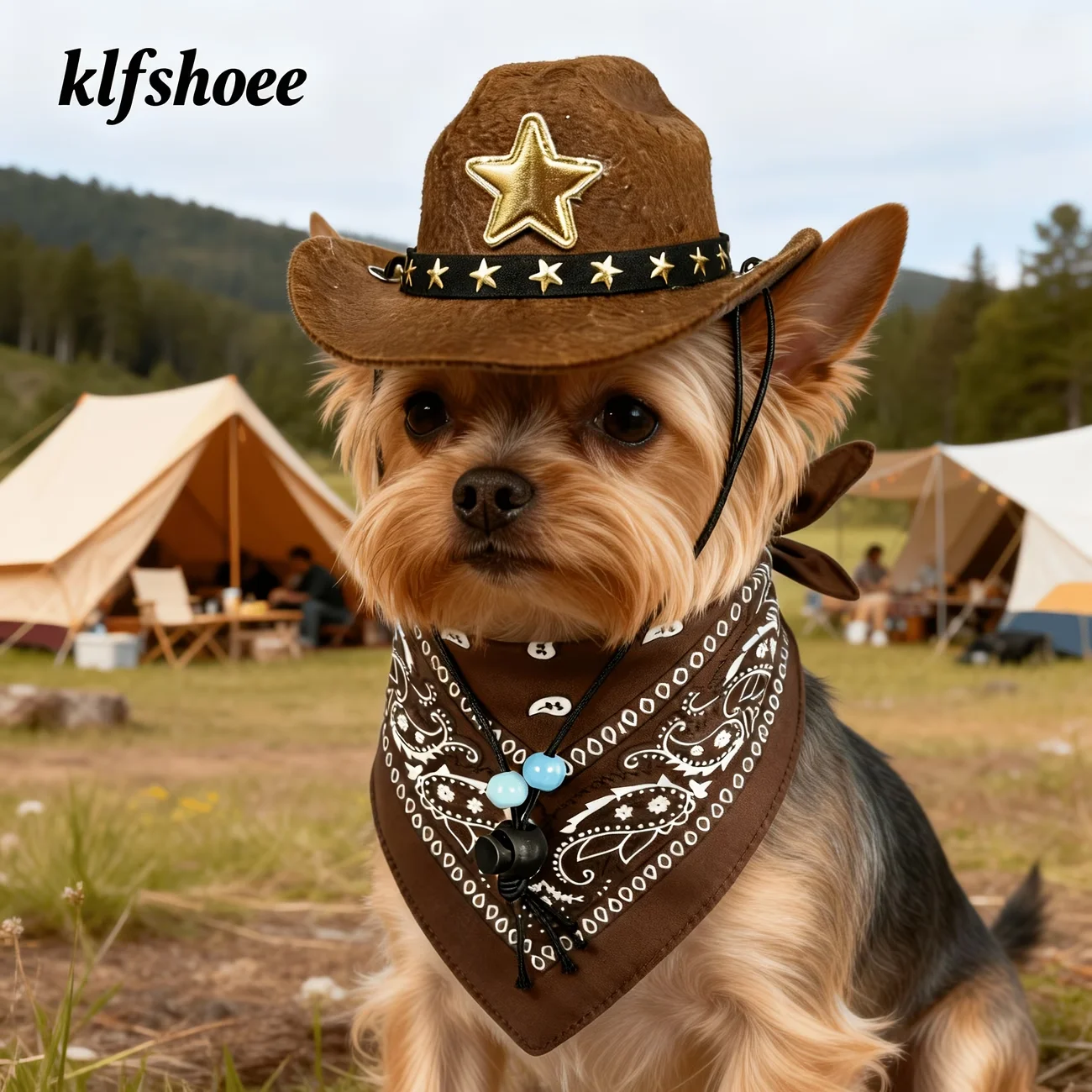 2-teiliges Western-Cowboy-Haustierkostüm-Set, maschinenwaschbar, verstellbarer Riemenhut, Retro-Braun-Bandana für kleine und mittelgroße Hunde, Welpen-Set – Detail 3