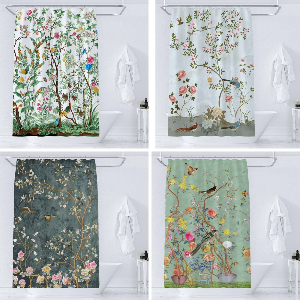 

Plant Flower Butterfly Shower Curtain Nordic Chinese style Flowers Bird Waterproof Fabric Bath Curtain Bathroom Accessorie Decor