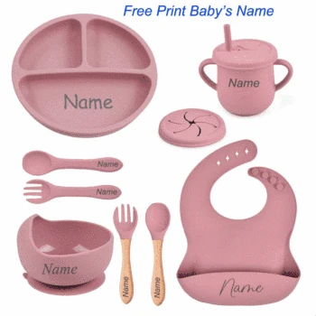 8 pçs conjunto de utensílios de mesa de silicone nome personalizado logotipo conjunto de alimentação do bebê colher garfo ventosa tigela prato de jantar de silicone para crianças