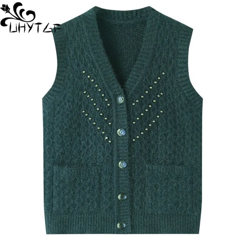 

UHYTGF 4XL Waistcoat Women Fashion Beaded Spring Autumn Sweater Vest Coat Female Middle Aged Elderly Knitted Cardigan Jacket 184