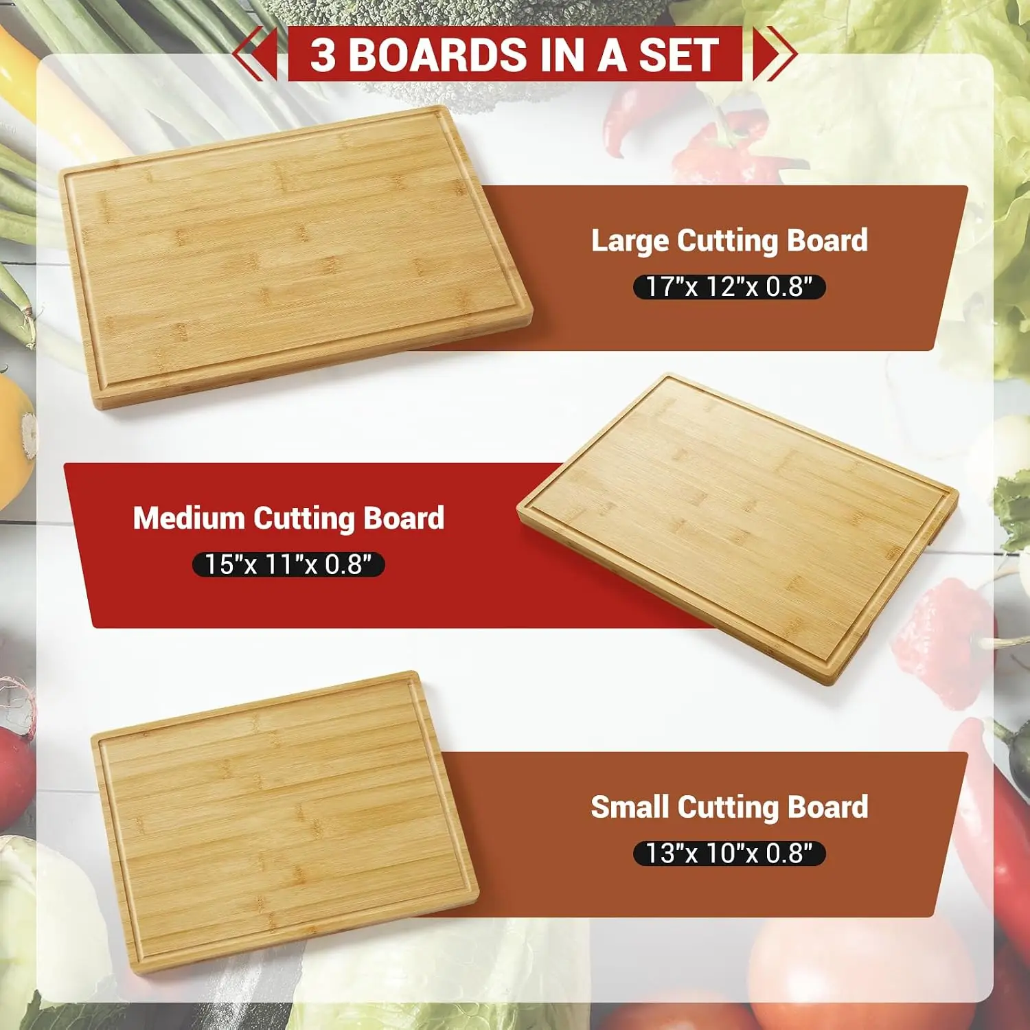 3-Piece Natural Bamboo Cutting Boards Set with Stand | Kitchen Chopping Boards 43x30cm/38x28cm/33x25cm,Deep Juice Grooves,Dishwasher Safe,Knife Friendly