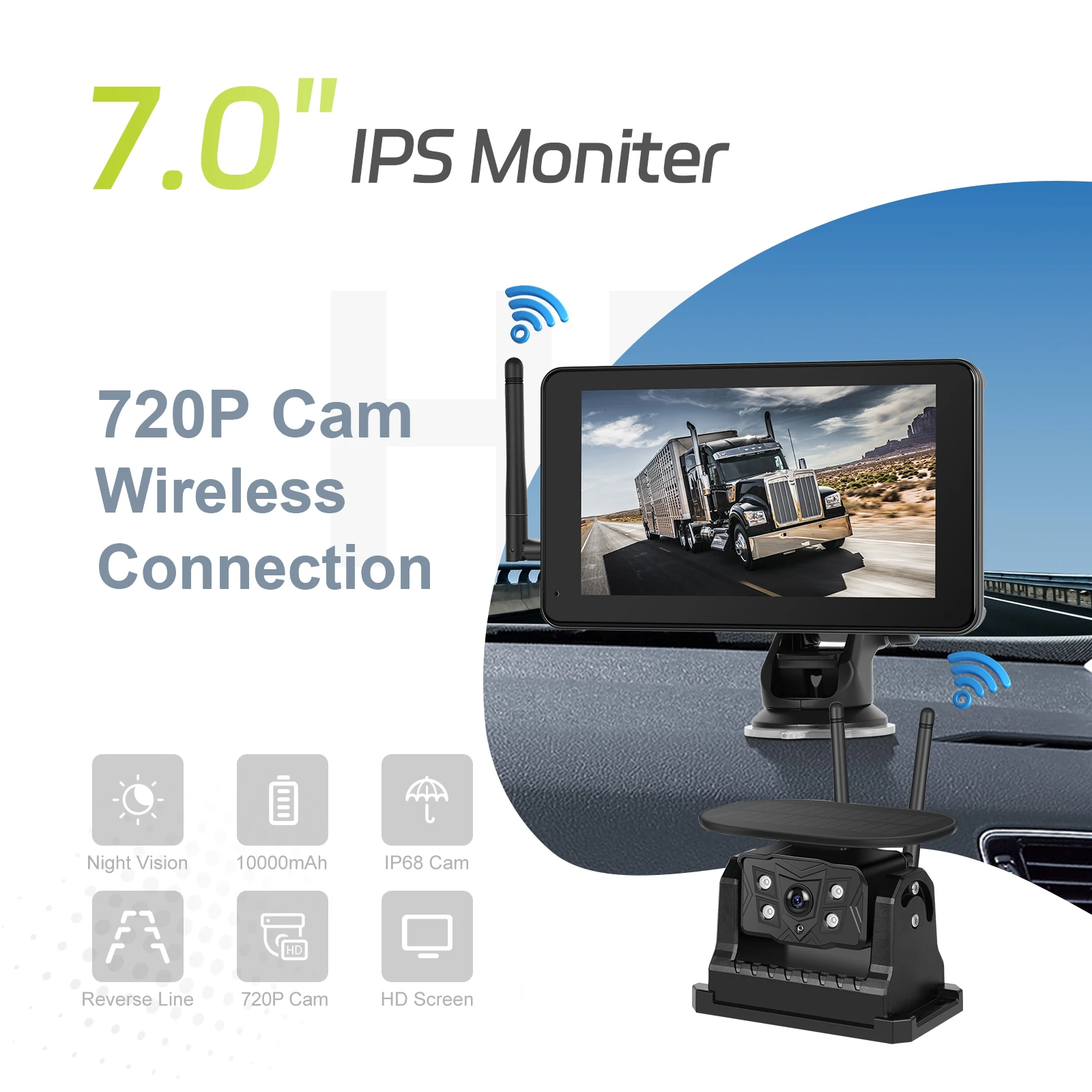 Monitor per auto con display IPS HD da 7 pollici, telecamera di retromarcia wireless a energia solare, grandangolo, impermeabile IP68, registrazione in loop, funzione BSD