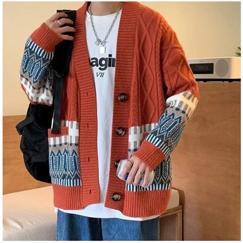 

2023 Autumn/Winter Korean Versatile V-neck New Sweater Men's Loose and Thickened Knitwear Couple Casual Cardigan Coat K0021