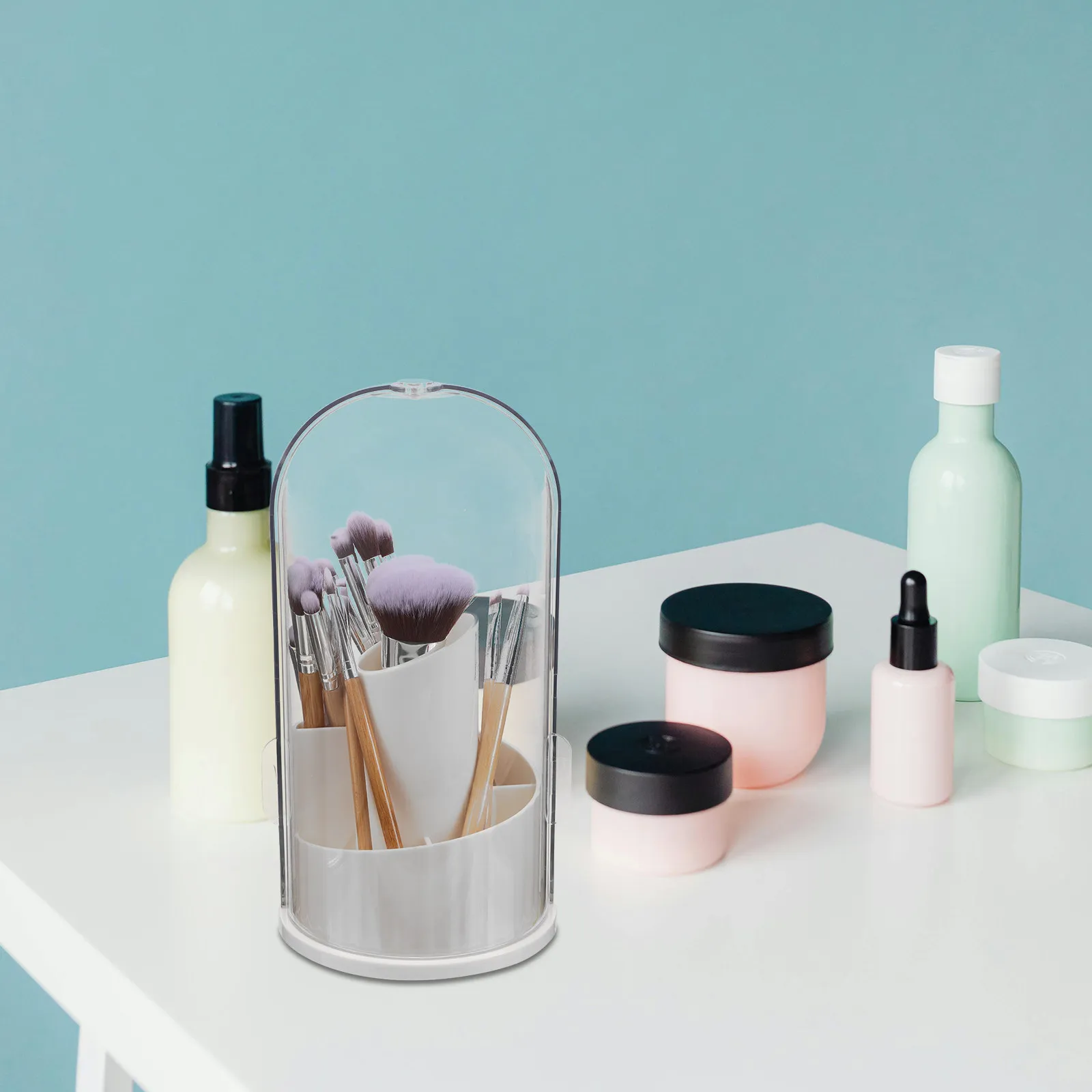 Rotating Makeup Brush Holder Organizer Lid Dustproof Brush Storage Box Bathroom Vanity Desktop Makeup Tool Organizer