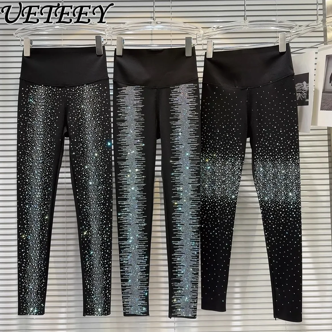 Black Leggings Women's 2024 Autumn New High Waist Head Rhinestone Hot Diamond Elastic Slim Fitness Yoga Leggings Female Pants