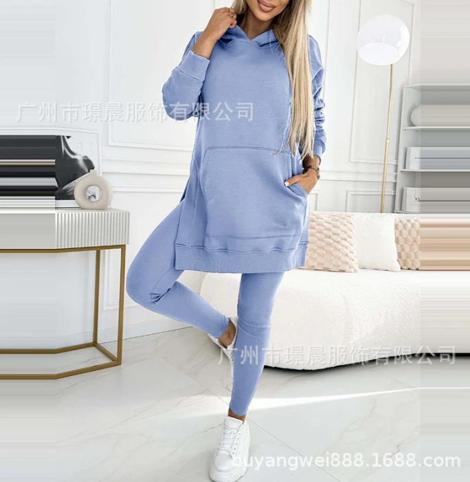 A Lively and Casual Girl with A Relaxed Commuting Style, A Loose Hooded Sweater and Pants Two-Piece Set