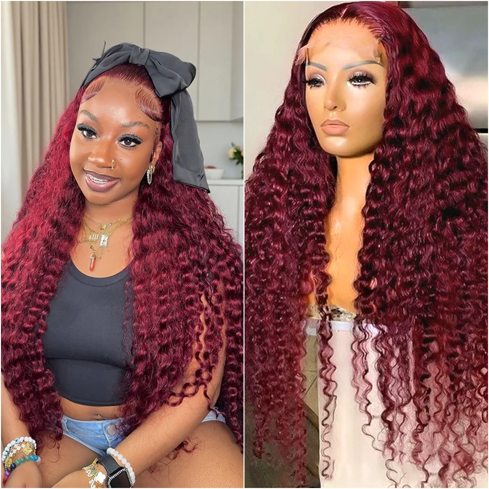 

30 40 Inch Curly Deep Wave Burgundy 13x6 Hd Lace Frontal Human Hair Wig 99J Colored 13x4 Lace Front Preplucked Wigs For Women