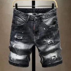 New Casual Summer Jeans Knee-length Distressed Denim Shorts Spray Paint and Stickers Boyfriend Men's Clothing Luxury Short Pants
