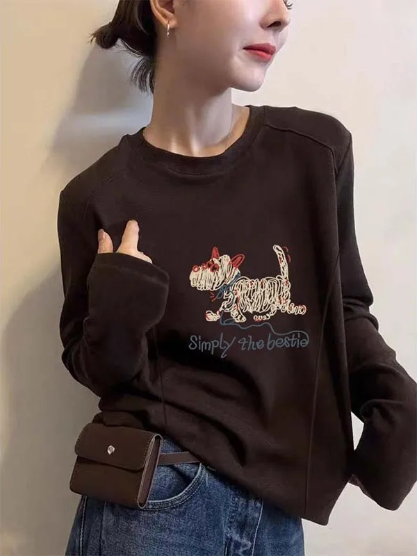 เสื้อยืดผู้หญิงลายการ์ตูนดีไซน์แฟชั่นอเนกประสงค์ ผ้าคาราเมล ฟิโบน เวลเวท บรูด ทรงกลม แขนยาว ให้ความอบอุ่น เหมาะสำหรับเป็นเสื้อตัวใน