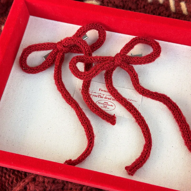 Red Bow Woolen Knitting Hair Clips Headband for Woman Girls Sweet HairPin Child Cute Barrettes Fashion New Year Hair Accessories