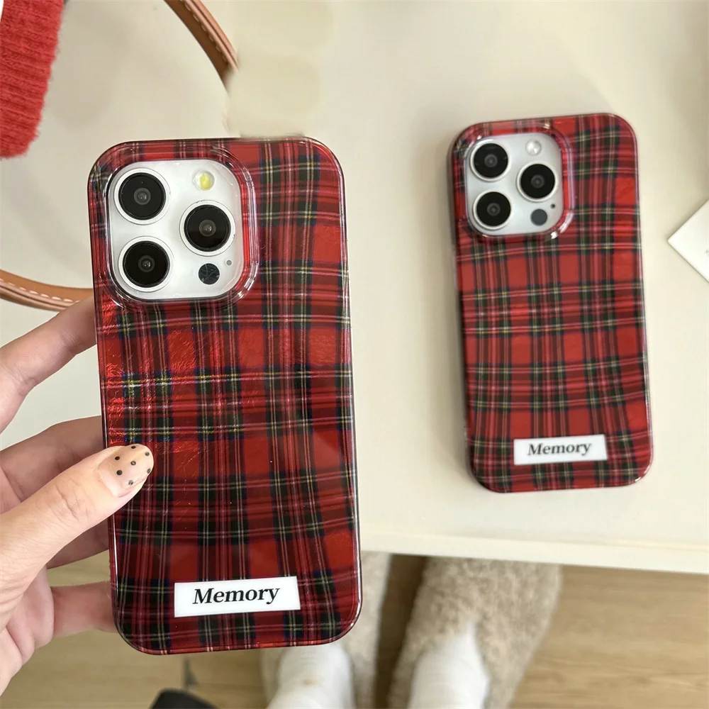 Cute Scottish Tartan Perspective Red Phone Case For iPhone 16 15 13 14 Pro Max 3D Effect Autumn Clear Soft Silicone Back Cover