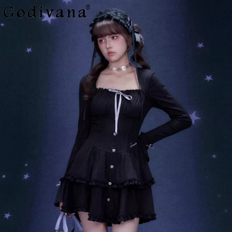 

Spring New Japanese Black Purple Sweet Slim Cake Dresses Elegant Square Collar Age-reducing High Waist A-line Long Sleeve Dress