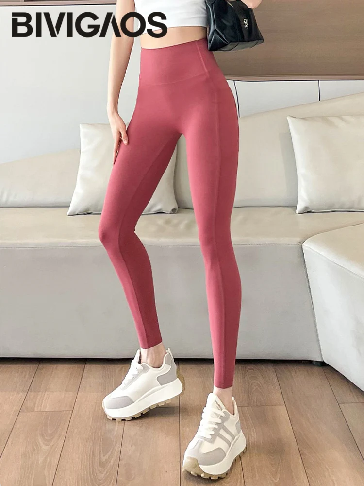 BIVIGAOS Leggings in pelle di squalo con tasca laterale primavera autunno Leggings da yoga fitness attillati a vita alta da donna Leggings da corsa push up