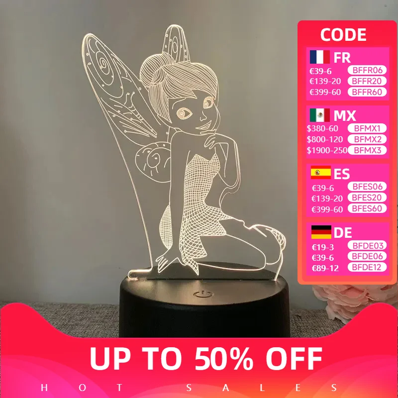 Cute Disney Princess Cartoon figure Night Light Fairy Tinkerbell 3D LED Table Lamp Figure Toys Lamp Bedside Decor Gift