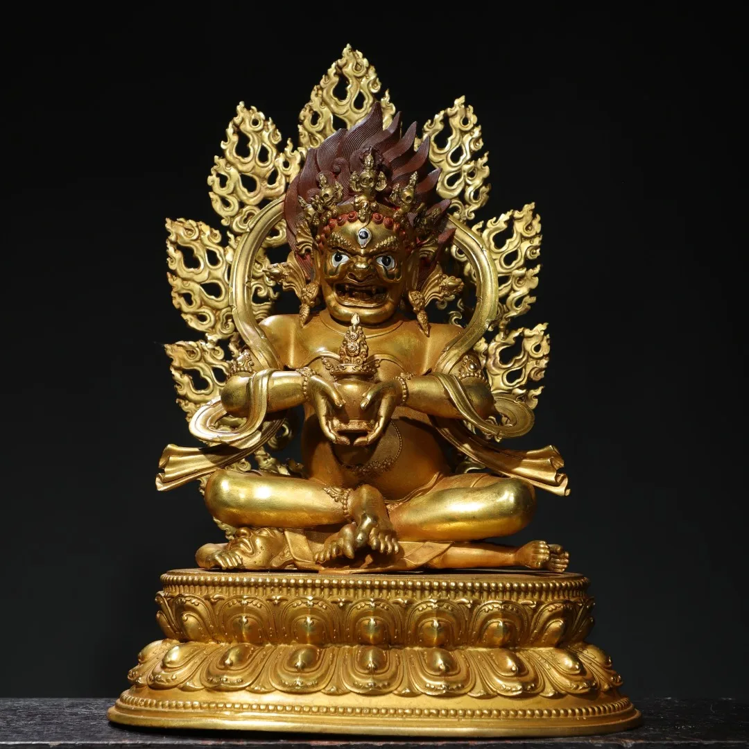 

15"Tibetan Temple Collection Old Bronze Gilded Painted Face Mahakala Sitting Buddha Backlight Lotus Terrace Worship Hall