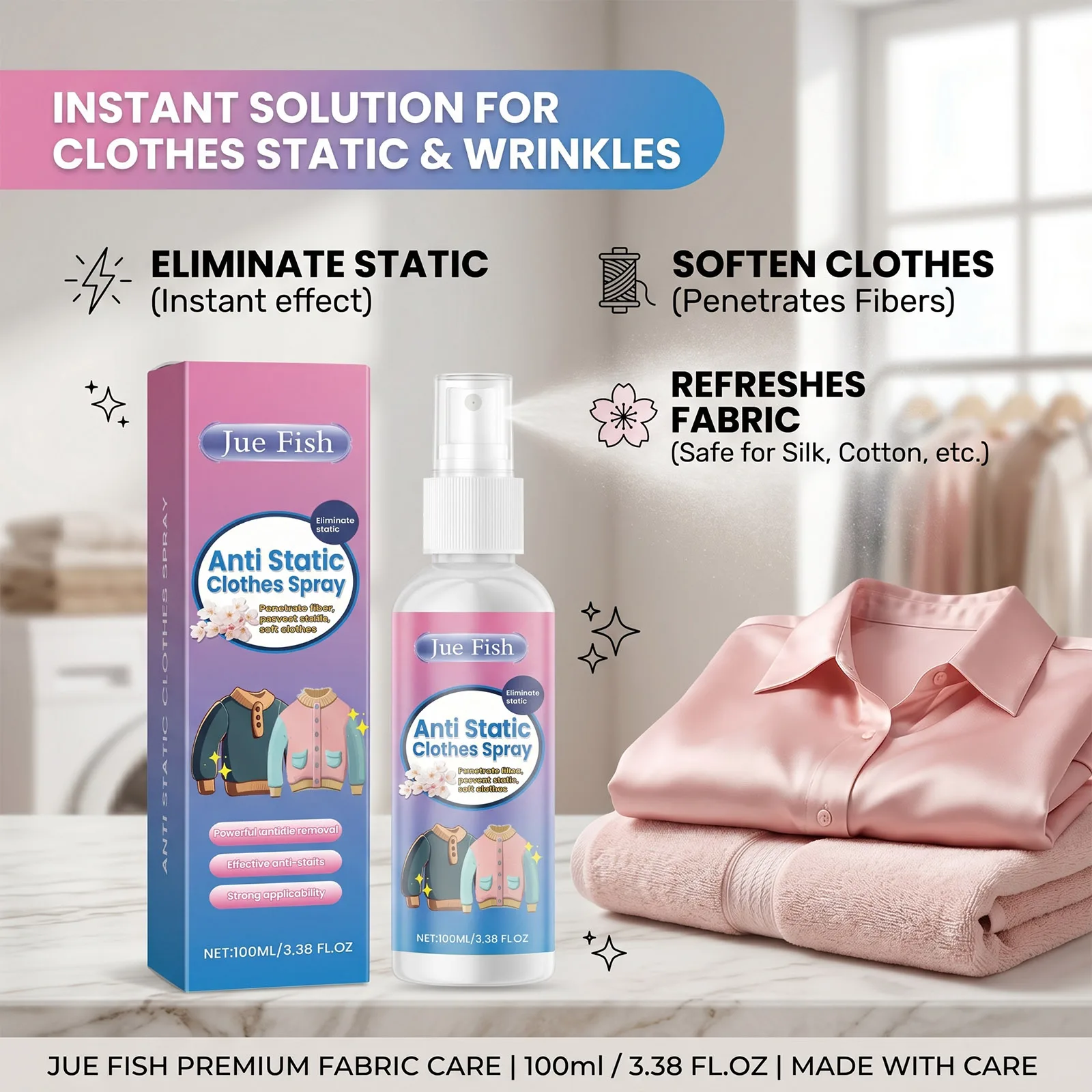 Anti Static Clothing Spray Eliminate Static Reduce Wrinkles Fabric Softening Spray Smooth Comfortable Care Quick Easy Household