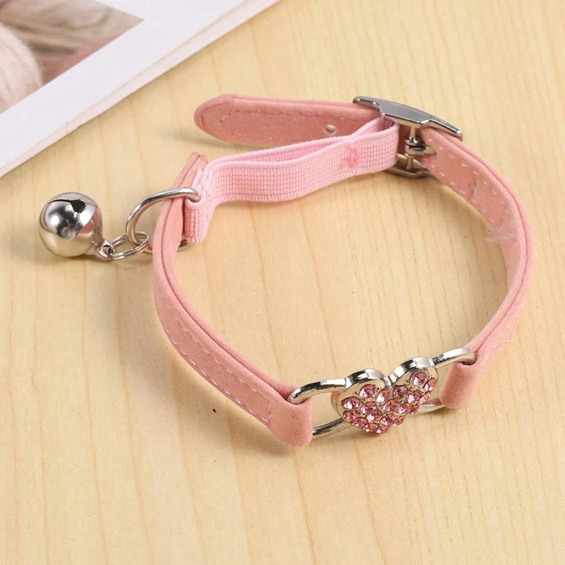 2X Heart Charm And Bell Cat Collar Safety Elastic Adjustable With Soft Velvet Material Collar Pet Product Small S Pink