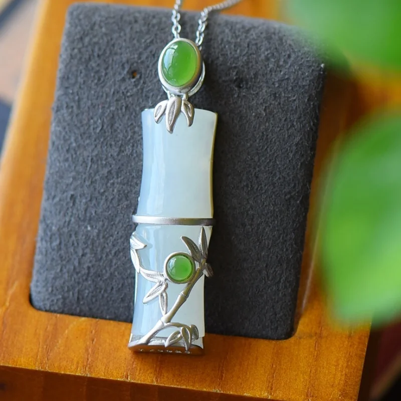 SGARIT Hetian White Jade S925 Silver 11*42mm Bamboo Node Pendant Symbolizes Continuous Growth Two Color Option with Silver Chain