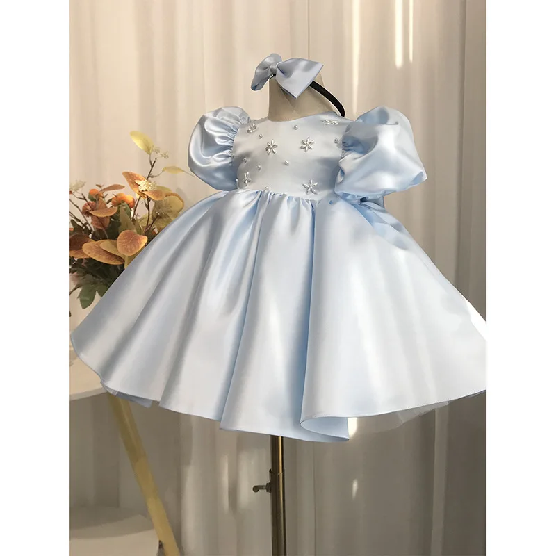 Robe de princesse à paillettes à col rond personnalisée pour enfants, robe de Rhà taille fine, élégante et simple, fête d'anniversaire, éducative, fille à fleurs